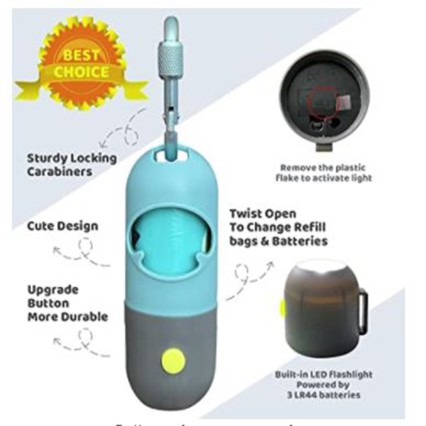 Dog Poop Bag Dispenser with Built-in LED Flashlight and Metal Clip for Leash